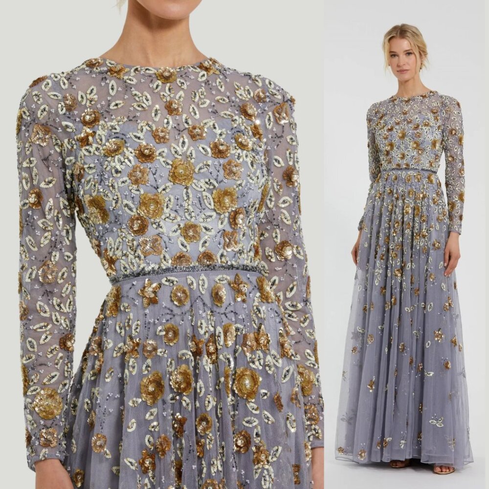 Mac Duggal 5533 Size 6 Silver Gray Blue Gold Floral Beaded Tulle Gown Maxi Dress